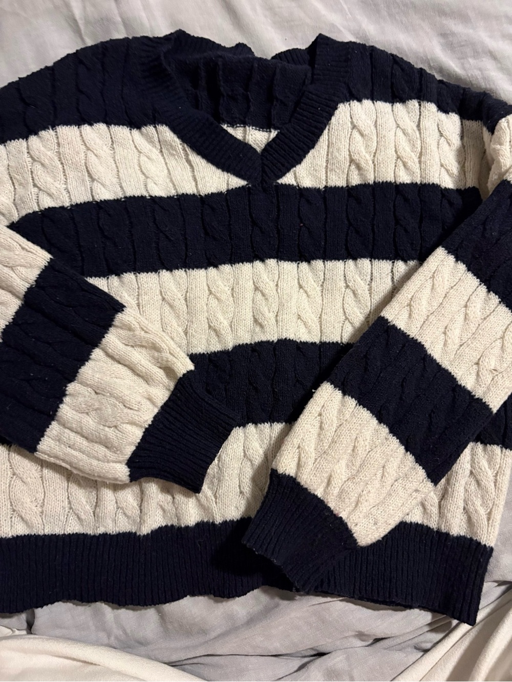 Striped V-Neck Cable Knit Sweater - Navy and Cream